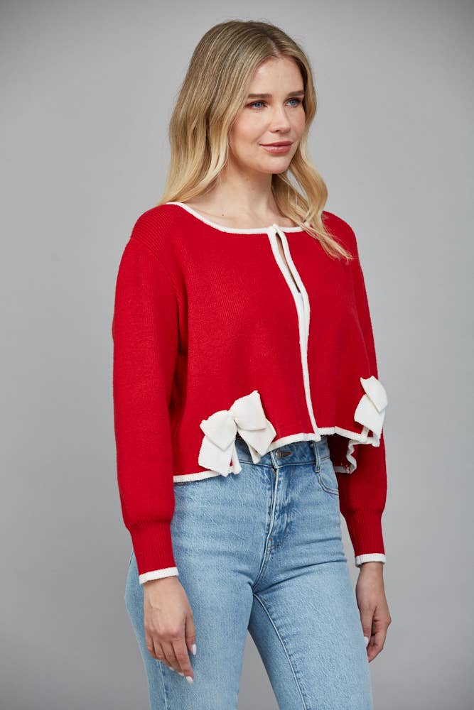 CONTRAST BOW DETAIL OPEN CARDIGAN FW90585: RED/CREAM / S