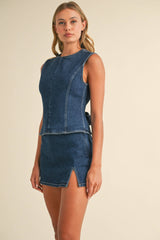 IST5697 DENIM OPEN BACK TOP WITH BOW DETAIL AND MINI SKIRT: DARK DENIM / S
