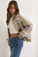 LONG SLEEVE COLLARED FAIR ISLE SWEATER JACKET: Brown-White Multi / XS