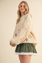 IT4253 MULTI FLORAL EMBROIDERED LATTICE CABLE SWEATER: NAVY / M