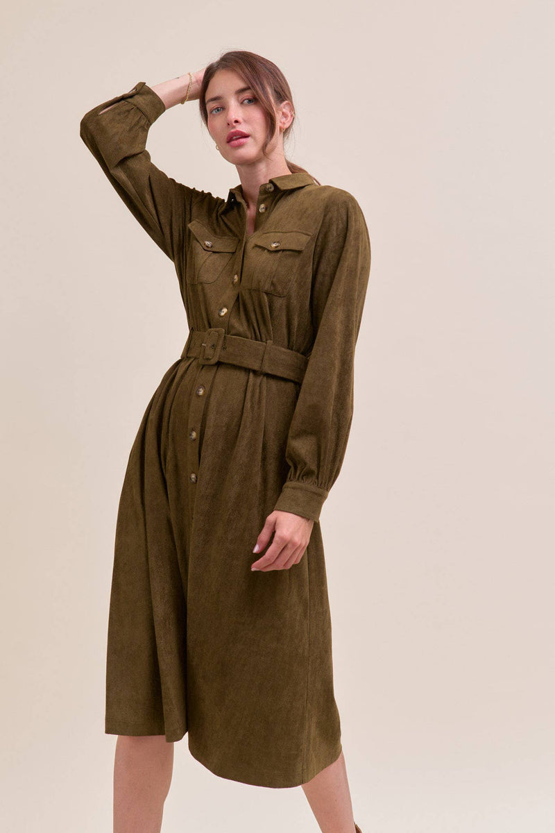 SUEDE SHIRT DRESS MDR4290: OLIVE / M