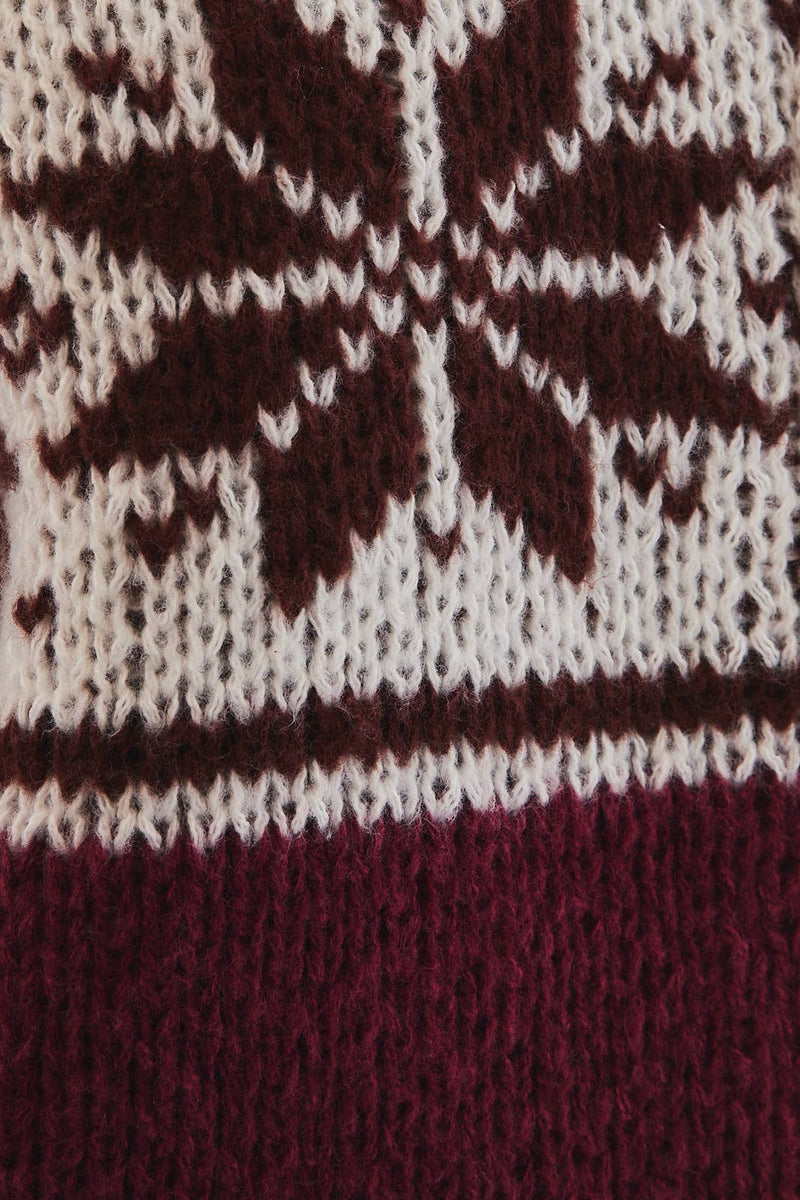 LONG SLEEVE COLLARED FAIR ISLE SWEATER JACKET: Brown-White Multi / S