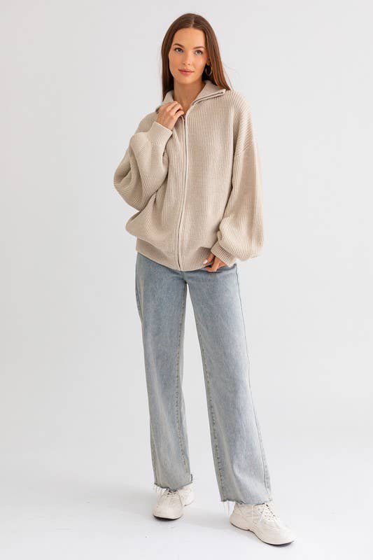 ZIP UP OVERSIZED SWEATER CARDIGAN: Taupe / S