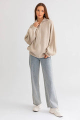 ZIP UP OVERSIZED SWEATER CARDIGAN: Taupe / XS