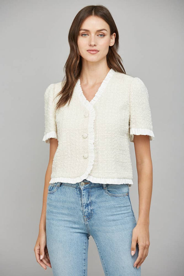 CONTRAST RUFFLE HEM DETAIL LUREX TWEED JACKET FJ70198: CREAM / M