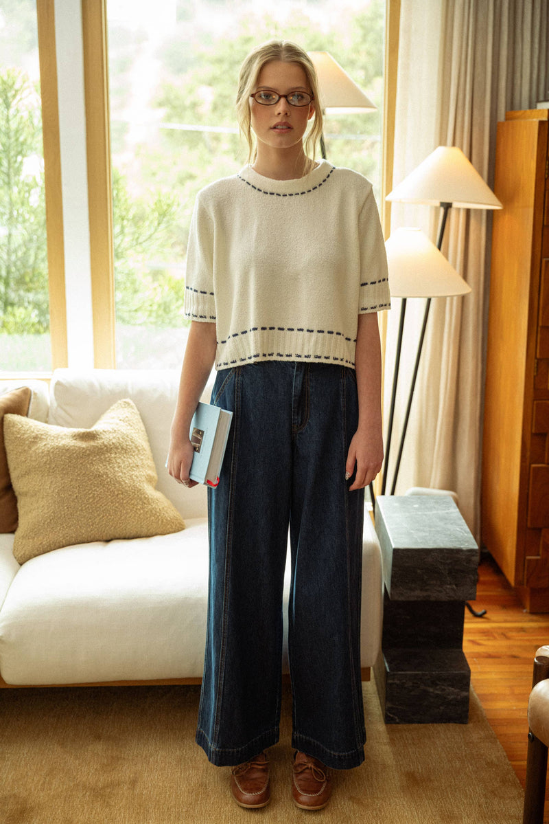 DARK DENIM WIDE LEG PANTS: DENIM / S