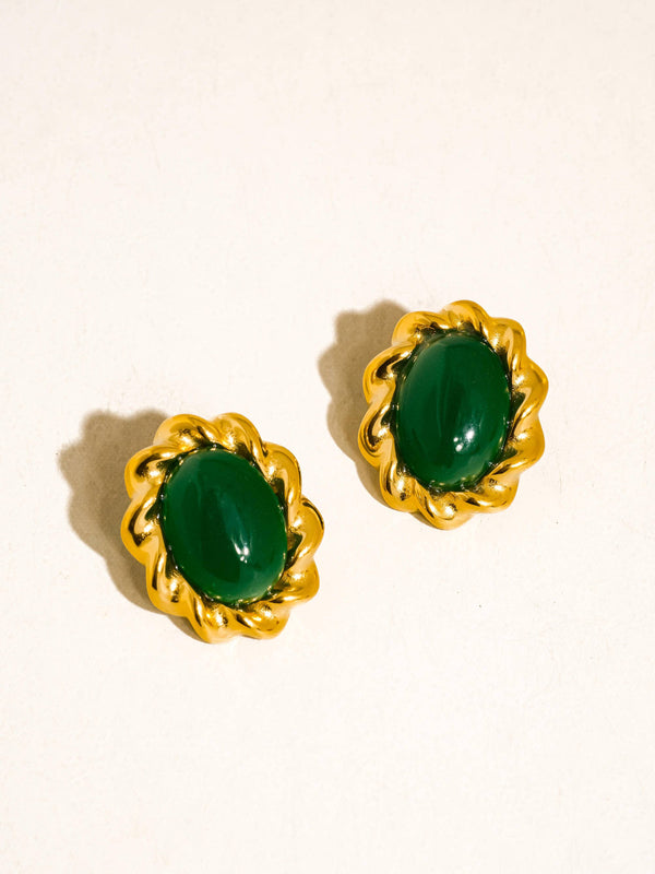 Eulie 18K Gold Non-Tarnish Vintage Stone Oval Earring: Green