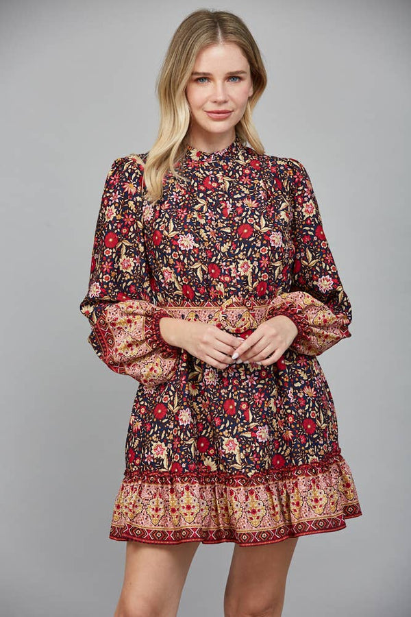 BORDER PRINT BELTED BUTTON DOWN MINI DRESS FD34104: NAVY MULTI / S