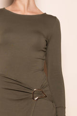 CHIC WRAP PANEL BUCKLE LONG SLEEVE MAXI DRESS-DD10840FO: NUDE / Contemporary / L