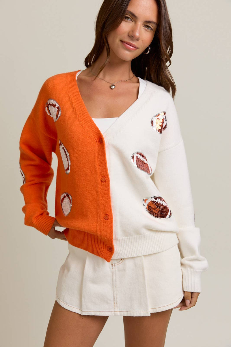 KNIT SWEATER CARDIGAN WITH FOOTBALL SEQUIN EMBROIDERY: WHITE-ORANGE / XS