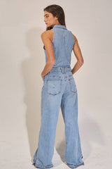 IR5621  Collared Wide Leg Denim Jumpsuit