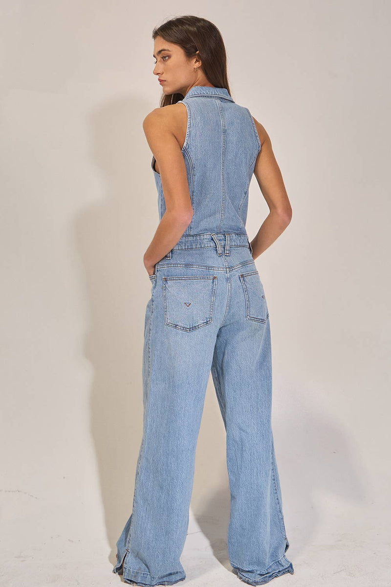 IR5621  Collared Wide Leg Denim Jumpsuit