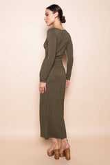 CHIC WRAP PANEL BUCKLE LONG SLEEVE MAXI DRESS-DD10840FO: NUDE / Contemporary / S