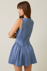 SLEEVELESS V-NECK SUEDE MINI DRESS: DUSTY BLUE / M