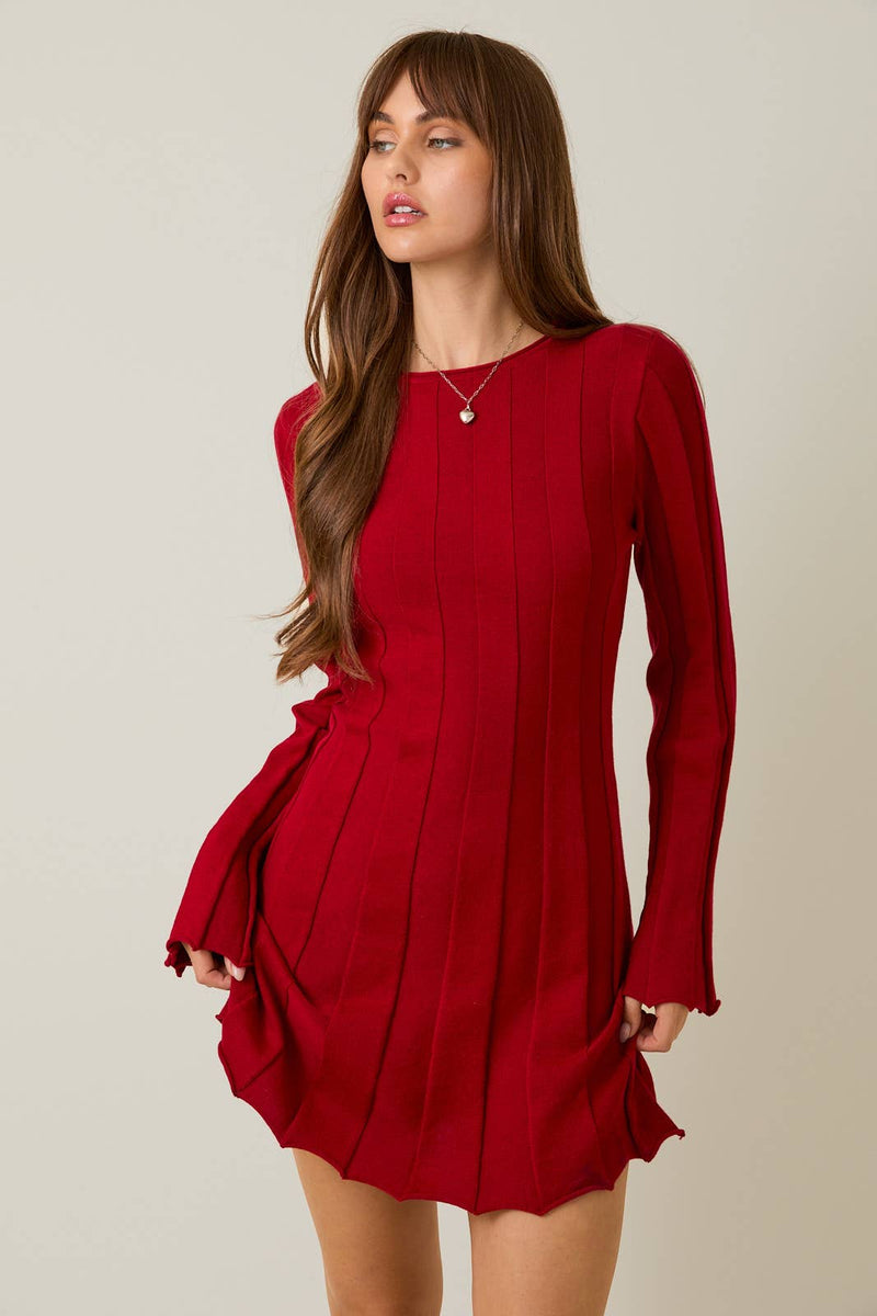 FLARE RIBBED SWEATER MINI DRESS S