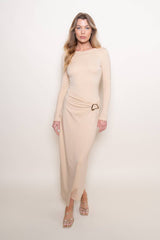 CHIC WRAP PANEL BUCKLE LONG SLEEVE MAXI DRESS-DD10840FO: NUDE / Contemporary / L