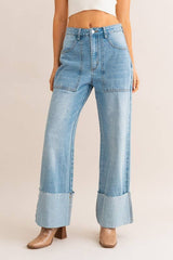 WIDE LEG CUFFED JEANS: Lt Denim / XS
