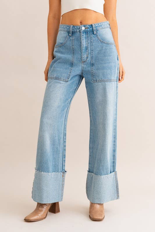 WIDE LEG CUFFED JEANS: Lt Denim / XS
