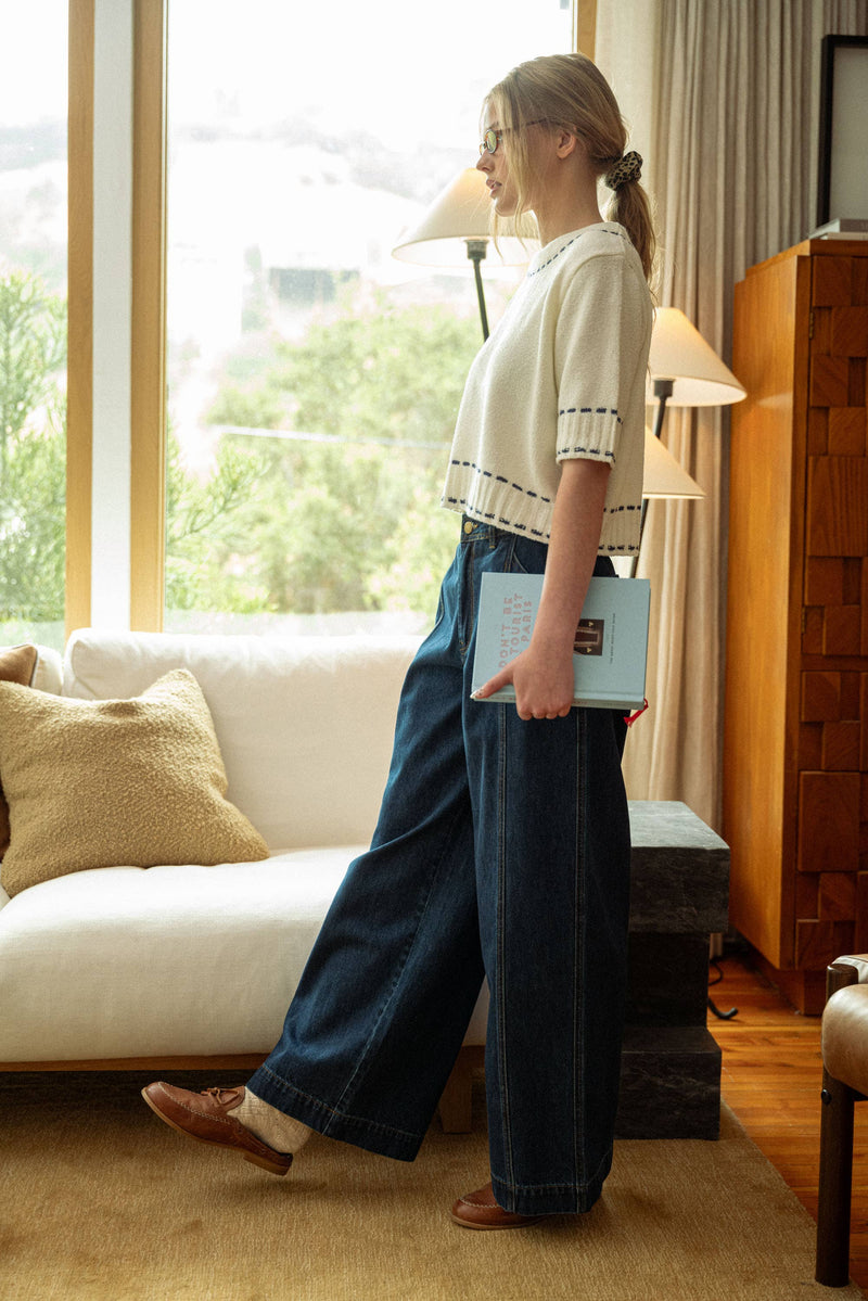 DARK DENIM WIDE LEG PANTS: DENIM / L