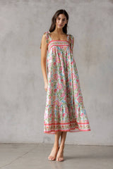 SJD7582 - MULTI FLORAL TIE MIDI DRESS: WINE MULTI FL / S