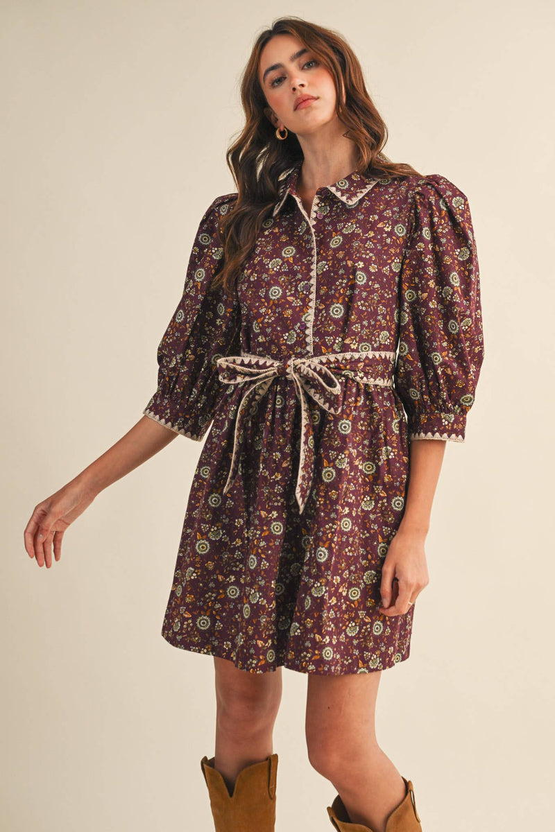 BLANKET STITCH PUFF SLEEVE FLORAL MINI DRESS MDR4173: Plum Multi Floral / S