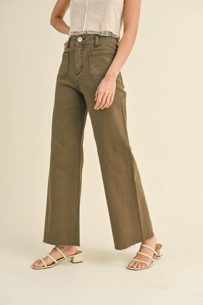 MMP1913   STRAIGHT WIDE LEG PANTS WITH FRONT POCKET: WASHED BEIGE / M
