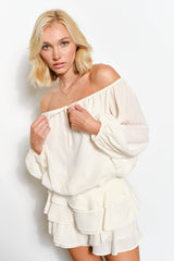 ISABELLA OFF SHOULDER BUBBLE HEM TOP - Romantic, Night Out: Burgundy / L