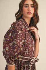 BLANKET STITCH PUFF SLEEVE FLORAL MINI DRESS MDR4173: Plum Multi Floral / S
