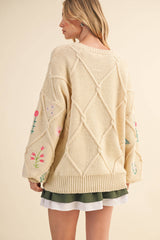 IT4253 MULTI FLORAL EMBROIDERED LATTICE CABLE SWEATER: NAVY / M