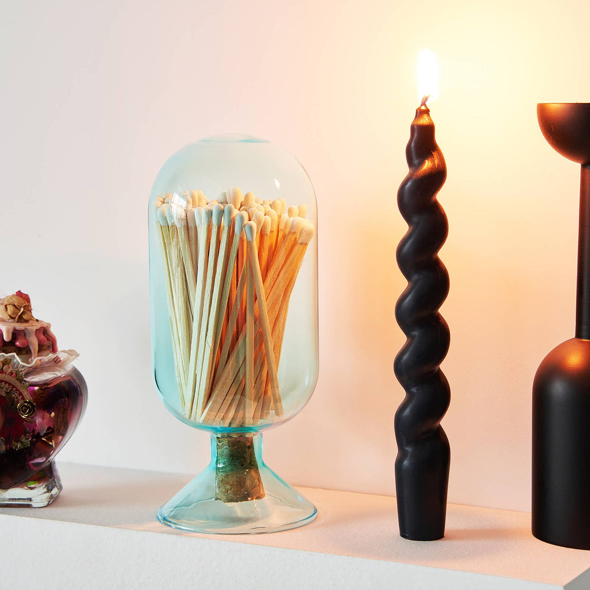 Blue Glass Match Cloche | 100 Match Sticks with Cork Stopper