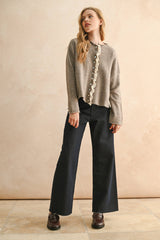 LACE TRIM KNITTED CARDIGAN: Black / M