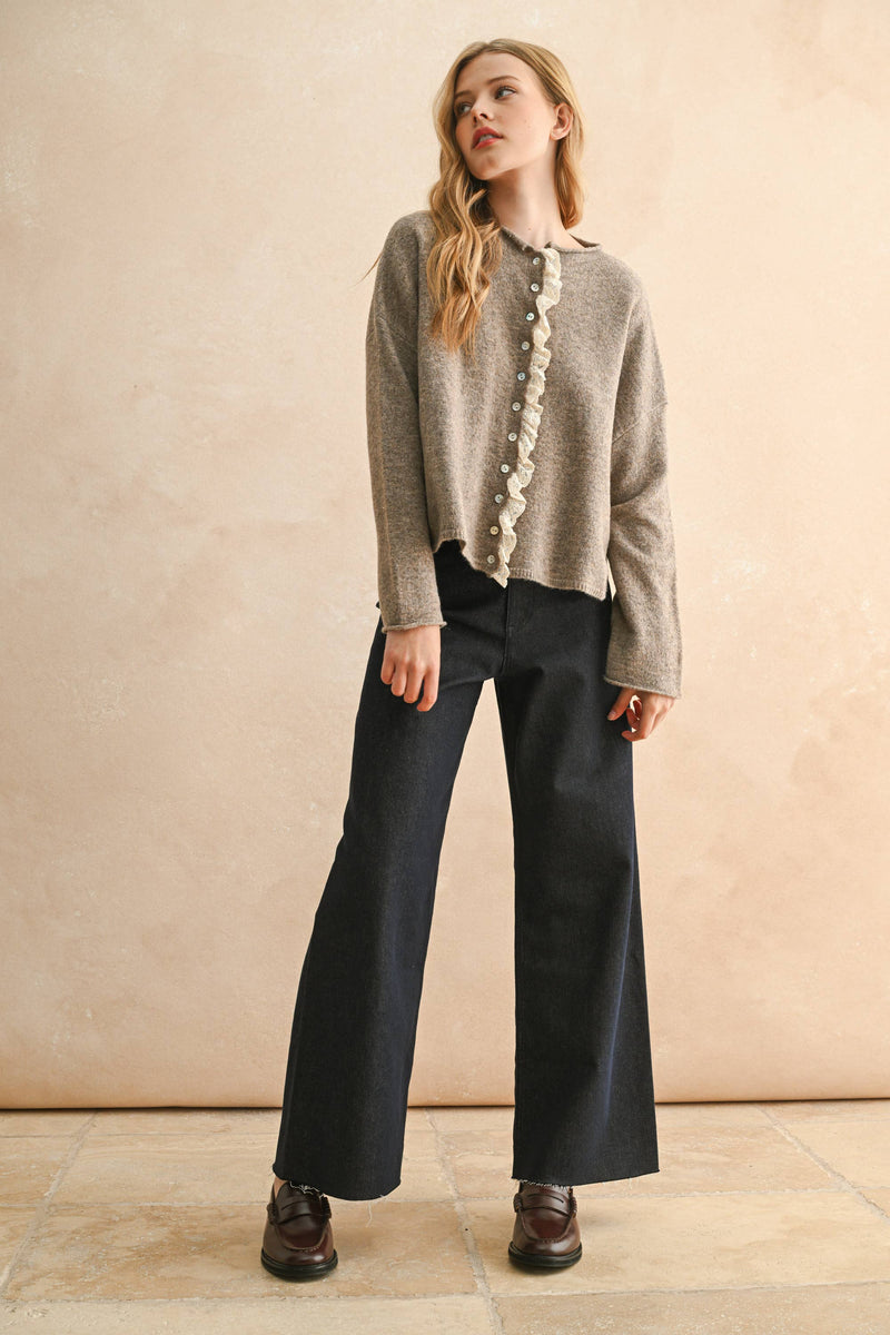 LACE TRIM KNITTED CARDIGAN: Black / S