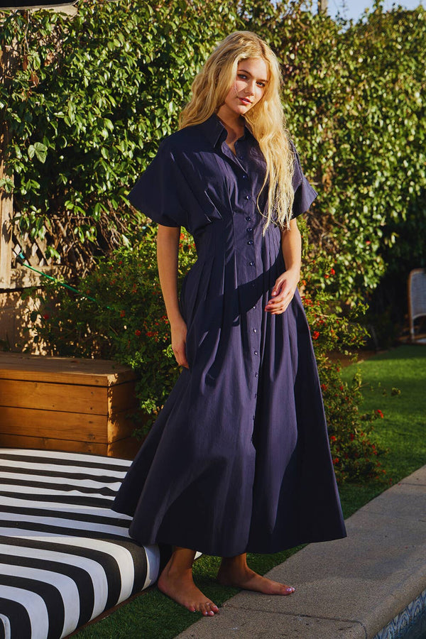Button-Front Pleated Midi Shirt Dress