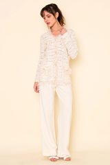 CHIC FRAYED TWEED RIBBON PEARL LOOSE FIT CARDIGAN OI6288FO: WHITE/PINK / Contemporary / L