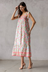 SJD7582 - MULTI FLORAL TIE MIDI DRESS: WINE MULTI FL / S