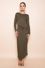 CHIC WRAP PANEL BUCKLE LONG SLEEVE MAXI DRESS-DD10840FO: NUDE / Contemporary / S