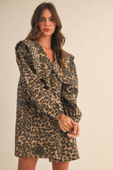 ID9370-A OVERSIZED COLLAR PUFF SLEEVES LEOPARD DENIM DRESS: LEOPARD / S