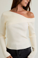 ONE SHOULDER RIBBED DIFFERENCE DETAIL SWEATER TOP: H BROWN / S