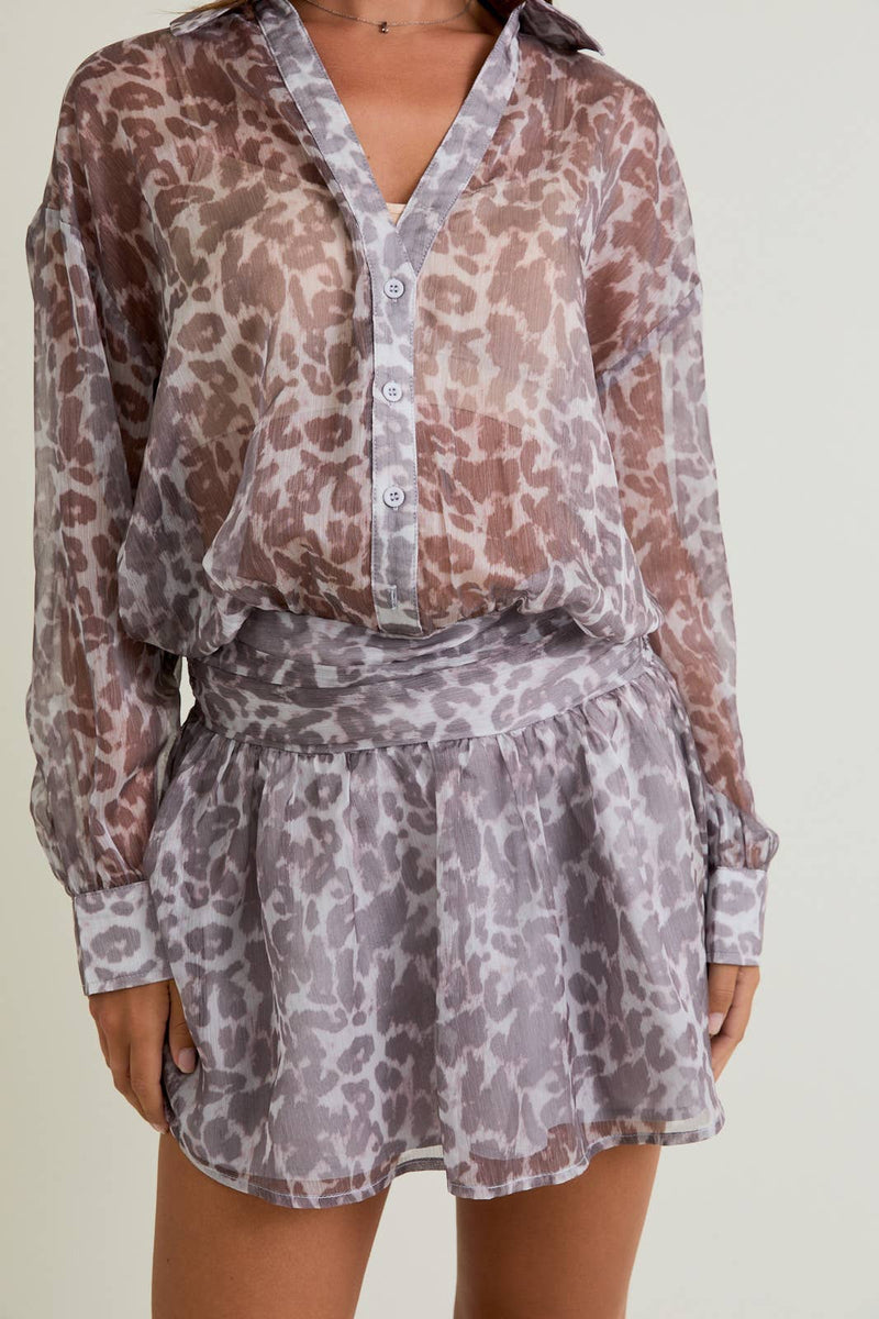LOW WAIST SHIRT DRESS: WHITE-MOCHA ANIMAL / S