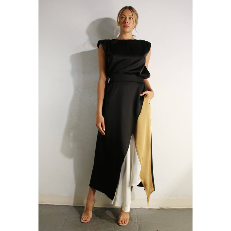 TOP AND COLOR BLOCK SKIRT: WINE / M