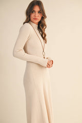 ID9660 MOCK NECK LONG SLEEVE RIB KNIT FLARED MIDI DRESS: CREAM / S