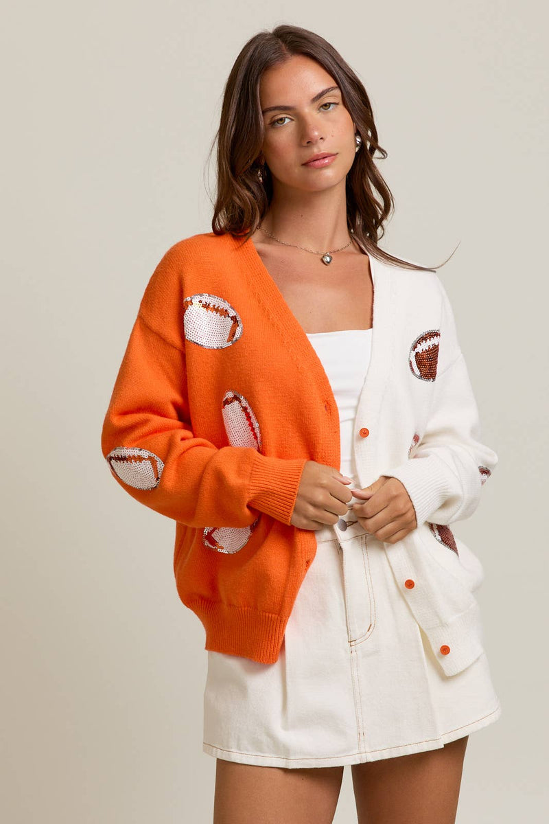 KNIT SWEATER CARDIGAN WITH FOOTBALL SEQUIN EMBROIDERY: WHITE-ORANGE / XS