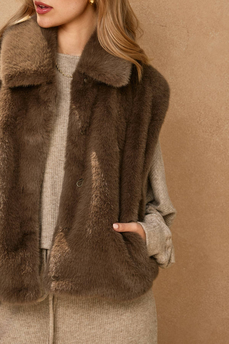 Wind Whispers Faux Fur Collared Vest: BLACK