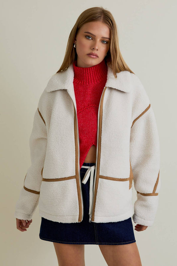 LAPEL COLLAR JACKET WITH LONG SLEEVE AND FRONT ZIP CLOSURE: IVORY-LT BROWN / M