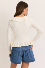V-NECK RUFFLED SWEATER: CREAM / L