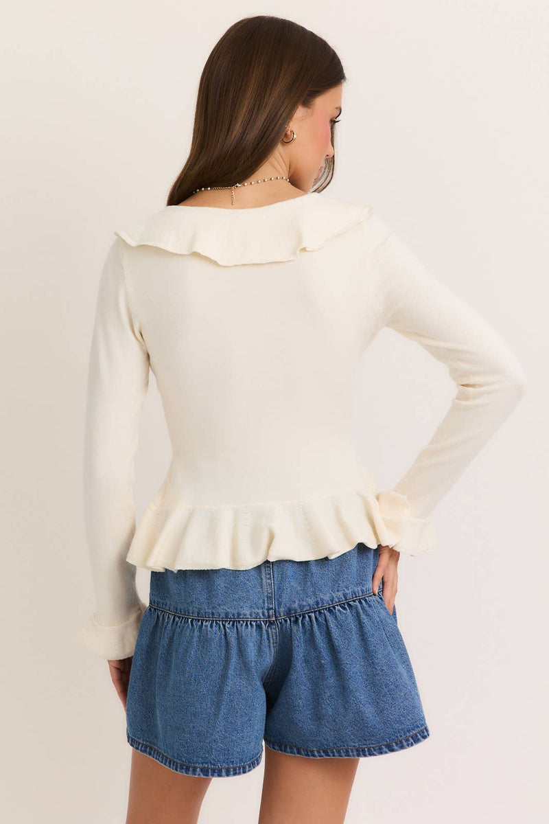 V-NECK RUFFLED SWEATER: CREAM / L