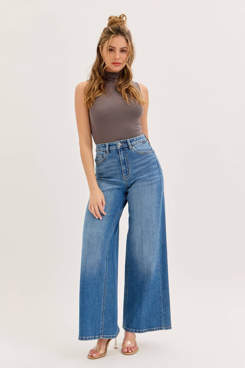 Stretch High Rise Wide Leg Jeans Medium Denim [WV97320M]: 1
