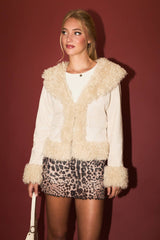 FAUX FUR TRIMMED SUEDE JACKET: Beige / M
