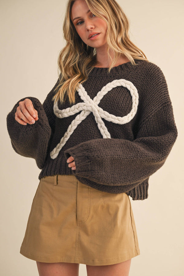 IT4444 BRAIDED RIBBON CHUNKY SWEATER TOP: MOCHA / S