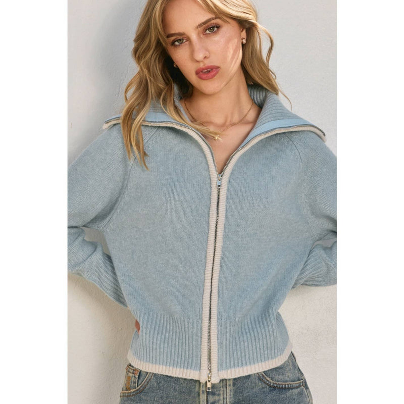 Sailor Collar Contrast Zip Up Cardigan